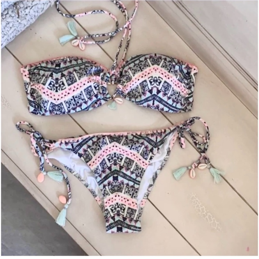 🪞 NWT SET VS printed seashells tube top + side tie bikini bottom matching set